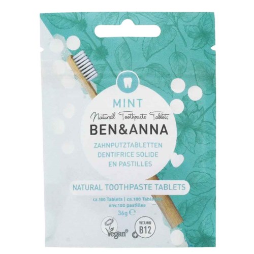 Pakningen inneholder naturlige minttannkremtabletter, veganske, med vitamin B12, veier 36g og ca 100 tabletter.