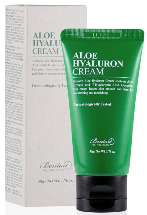 Green tube and white box for Aloe Hyaluron Cream. Contains aloe extracts and hyaluronic acid. Used for skin hydration.