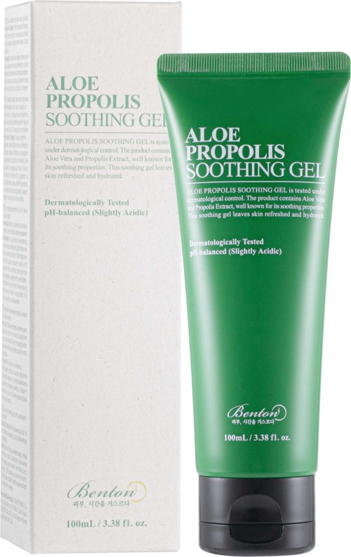 A green tube and white box of Aloe Propolis Soothing Gel, with product details and brand name Benton.