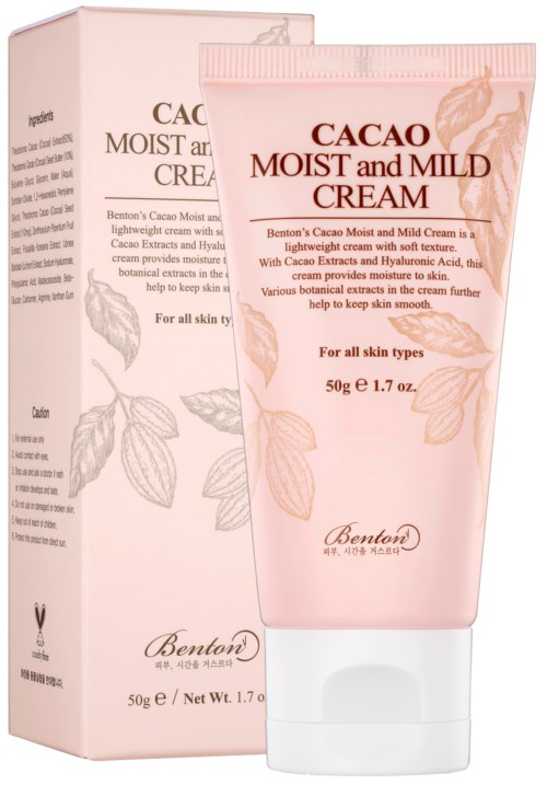 En rosa tube og eske med Cacao Moist and Mild Cream, med bladillustrasjoner og produktdetaljer.