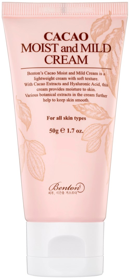Rosa tube med Cacao Moist & Mild Cream med blader og tekst, merket Benton, for alle hudtyper.