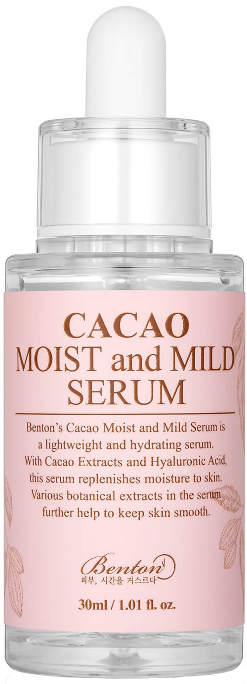 En rosa och klar flaska Cacao Moist and Mild Serum med pipettlock.
