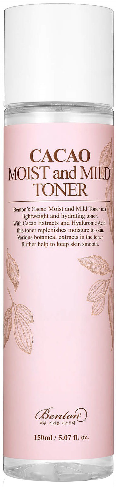 En rosa flaska med vit kork, märkt som kakao fuktig och mild toner, med bladillustrationer och märket Benton.