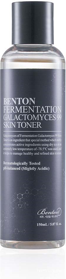 A clear bottle with a black label and silver cap containing Benton fermentation skin toner.