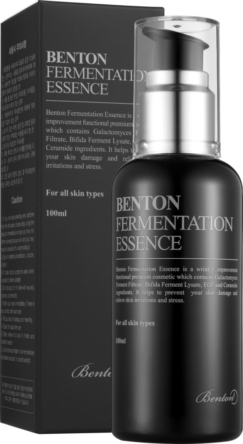 A black bottle and box labeled Benton Fermentation Essence for all skin types, used for skin repair and damage prevention.