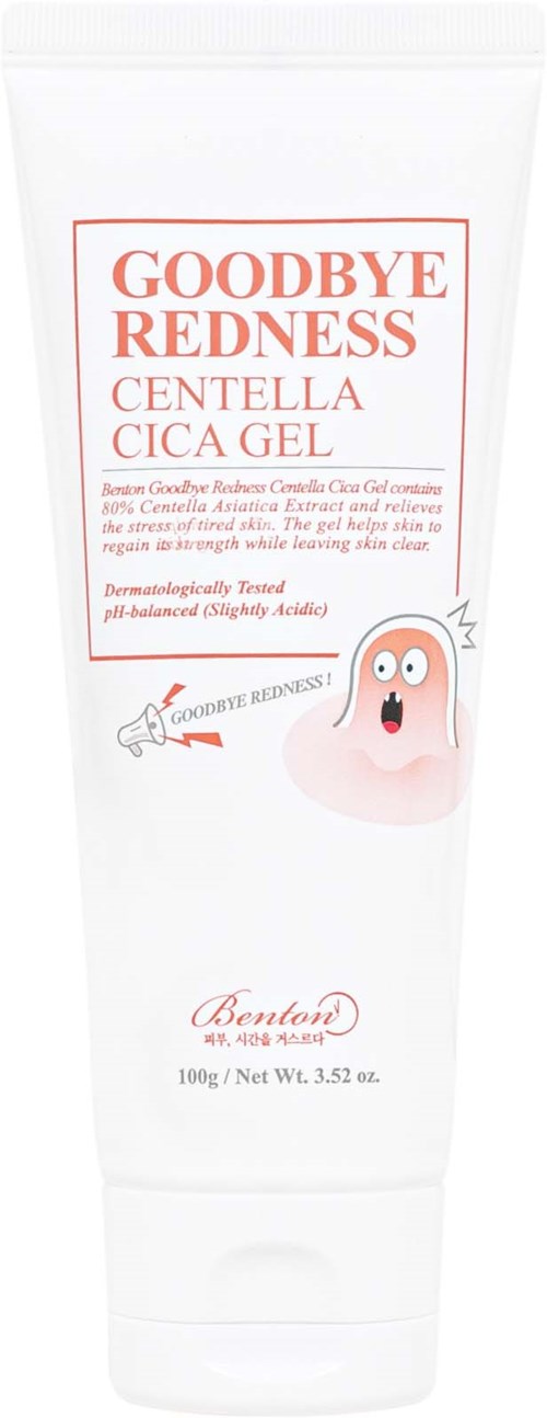 A white tube of gel with red text and a cute pink cartoon face, promoting redness reduction with centella and cica.