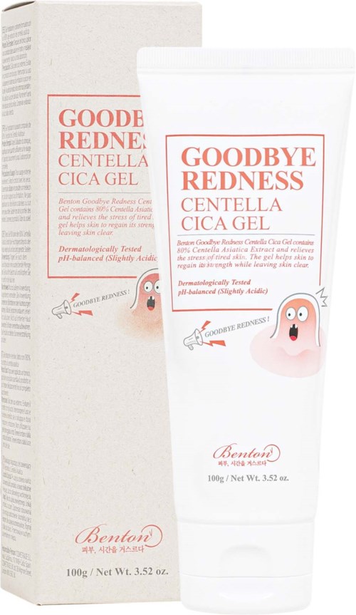A white tube and box for a redness relief gel, with a cute pink face and text about healing and testing.