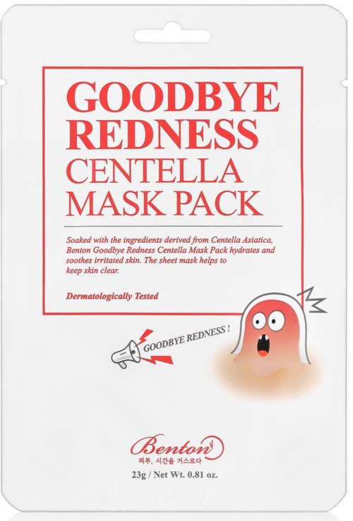 A skincare mask pack for redness, with a cartoon face and a megaphone, promoting soothing and clear skin.
