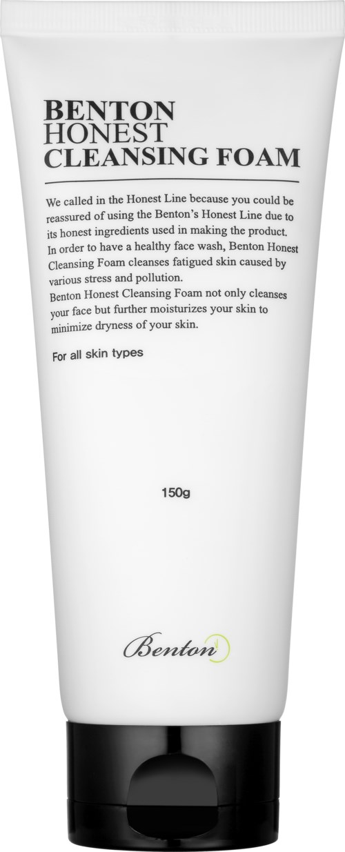 A white tube of Benton Honest Cleansing Foam with a black cap, 150g size, for skin cleaning, with product details on the front.