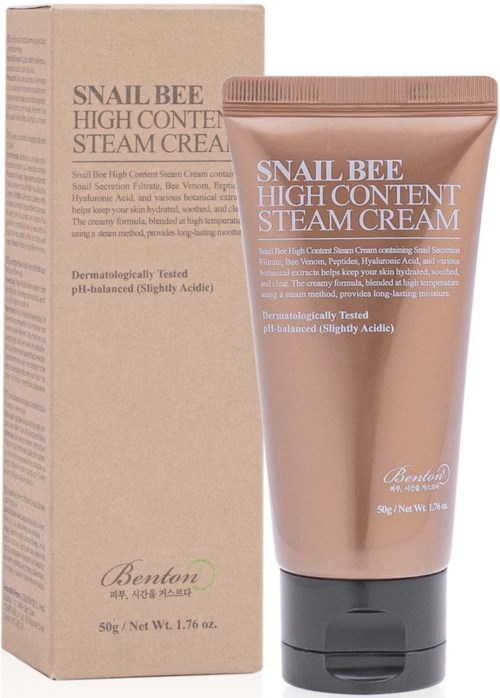 A tube of snail bee high content steam cream next to its box, both with beige and pink colors, and text labels.