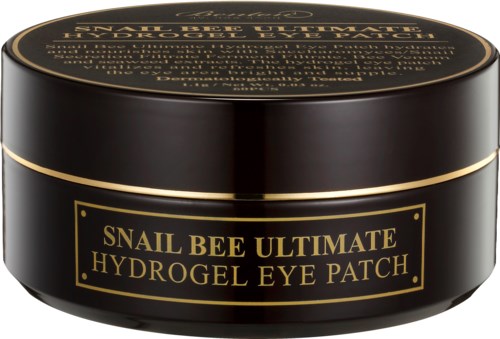 A round black container with gold letters, it is a gel eye patch with snail and bee ingredients.