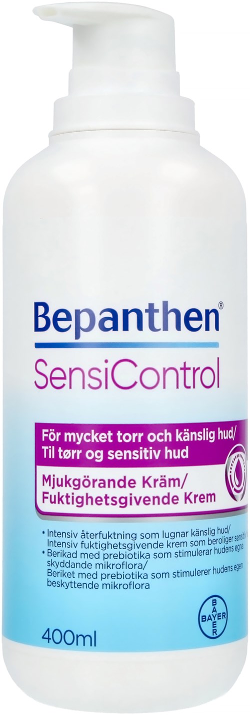 Een witte fles Bepanthen SensiControl crème met pomp, voor zeer droge en gevoelige huid, 400ml.