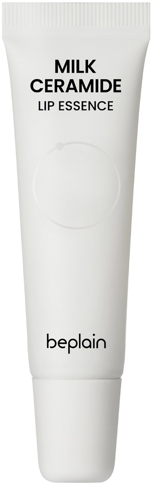 En hvit tube med leppepomade merket 'Milk Ceramide Lip Essence' av Beplain.