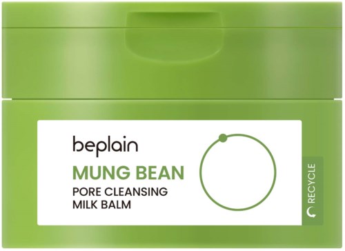 Groene pot met Beplain Mung Bean pore cleansing milk balm met witte etiket.