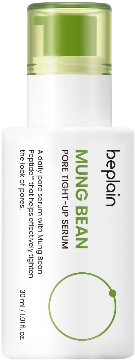 Eine weiße Flasche mit grünem Deckel, beschriftet 'bepain' und 'Young Bean' für Hautstraffung, 50 ml.