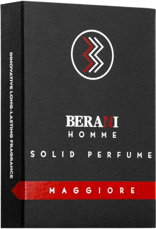 Ett svart parfymask med röd och vit text, en logga med röda och vita element, och orden 'Solid Perfume'.
