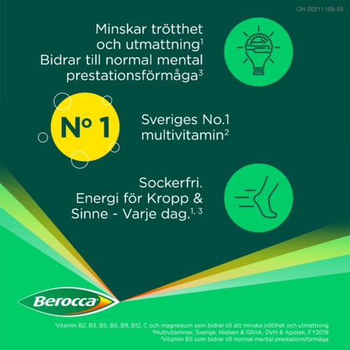 Grønne og gule ikoner med tekst om å redusere tretthet, energi og vitamintilskudd, med vekt på Sveriges nest største multiservitaminer.
