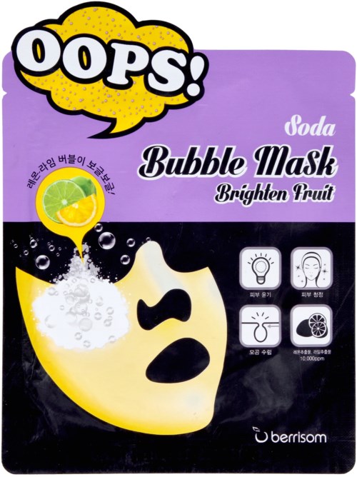 Förpackning för en bubbelmask med lystergivande frukt, visar en citron och lime, samt ikoner för appliceringssteg.