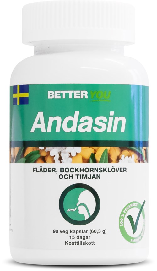 En hvit flaske merket 'Andasin' med grønne og blå farger, inneholder plantebaserte kapsler for helse, med svensk flagg.