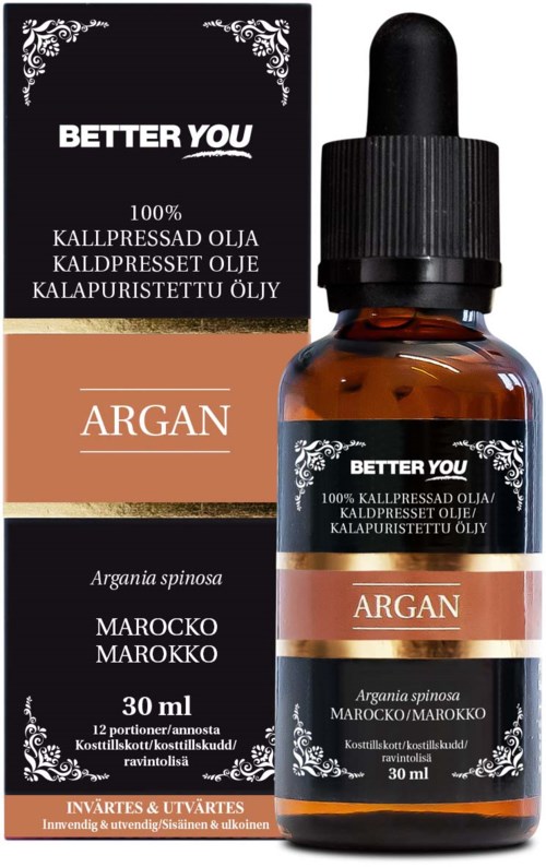 Ruskea lasipullo mustalla tipputulpalla ja laatikkotarra, jossa lukee 'Argan' öljy. Yksinkertainen ja tyylikäs design.