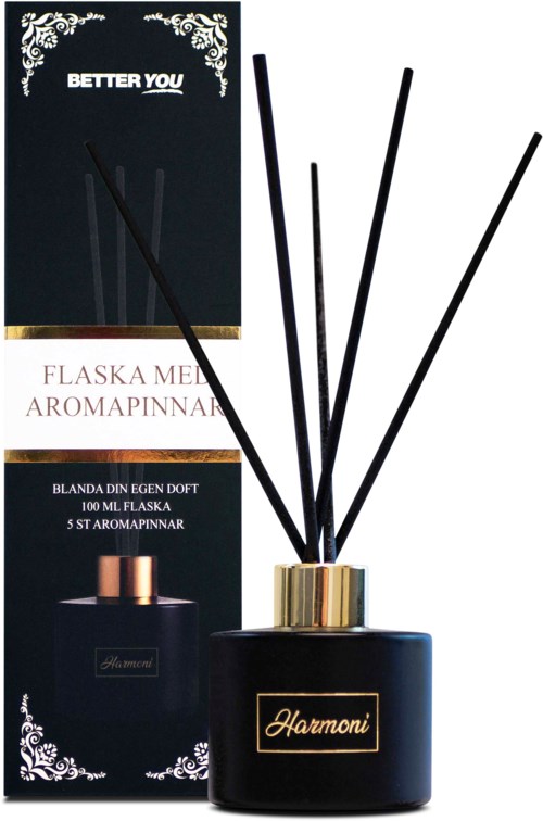 A set of five black aroma diffusers in a black bottle with gold label and sticks, in front of the product packaging.