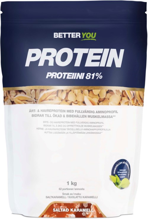 En pose med proteinpulver merket 'Better You', 81% proteininnhold, veier 1 kg og har karamellsmak.