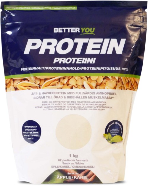 Proteinpulverpakke med eple og kanel smak, 1 kg, med lilla og hvit design.