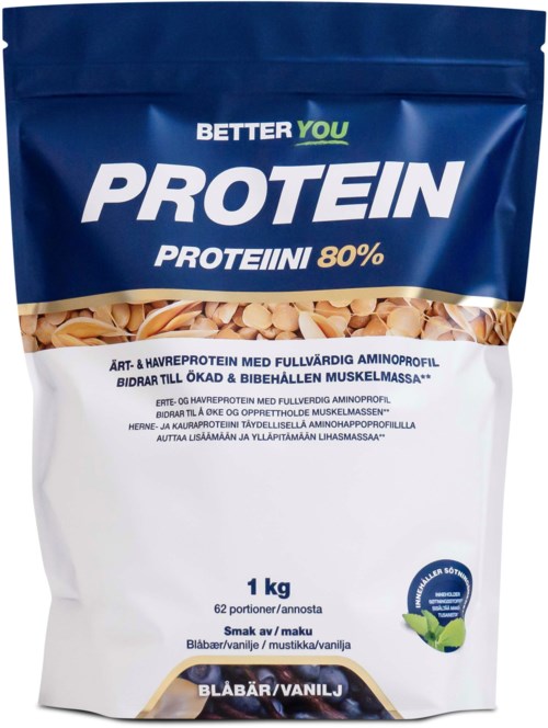 Eine blaue und weiße Verpackung von Proteinpulver mit Text zu Inhalt, Geschmack, Gewicht und Vorteilen.