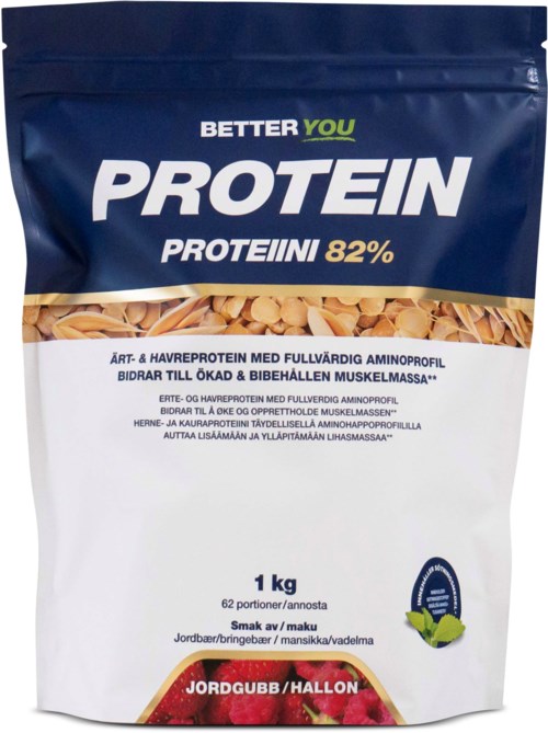 1 kg kasvipohjaista proteiinia, 82% proteiinipitoisuus, mansikka tai kurpitsa maku, sininen ja valkoinen pakkaus.