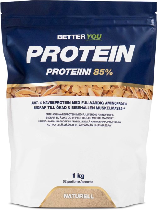 En 1 kg pose med proteintilskudd, blå og hvit, med tekst på flere språk og et bilde av korn eller nøtter.