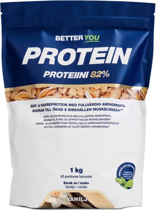 En blå och vit proteinpåse med text om proteininnehåll och smaker.