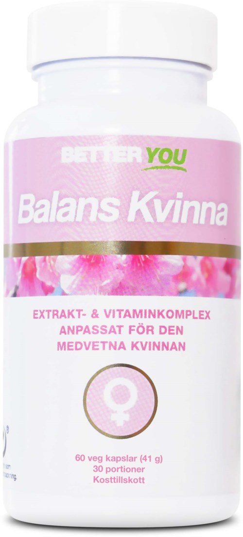 En vit flaska med rosa etikett som innehåller kapslar för kvinnors hälsa.