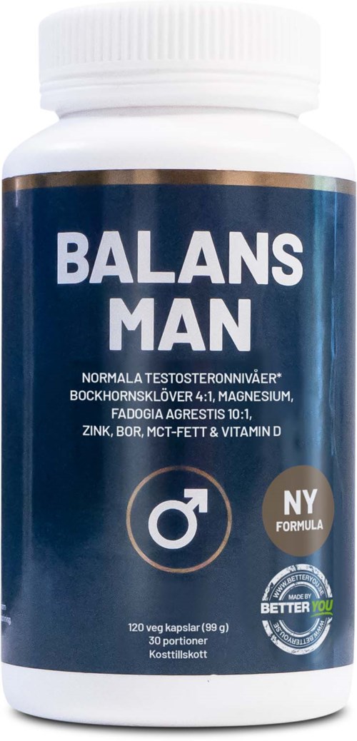 Bottle of dietary supplement for men's health with label showing ingredients and a male symbol.