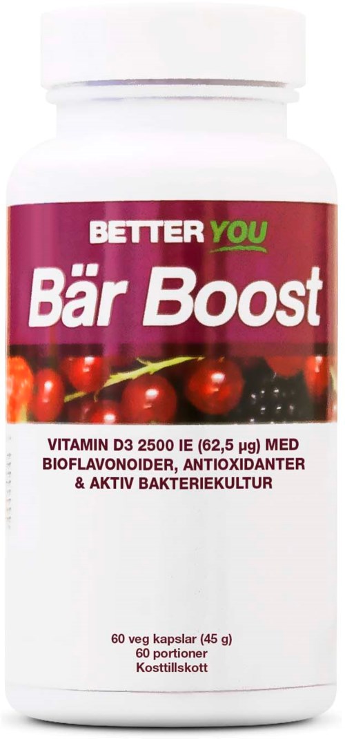 En hvit flaske merket 'Bär Boost' med kirsebær på etiketten, inneholder vitamin C, antioksidanter og probiotika.
