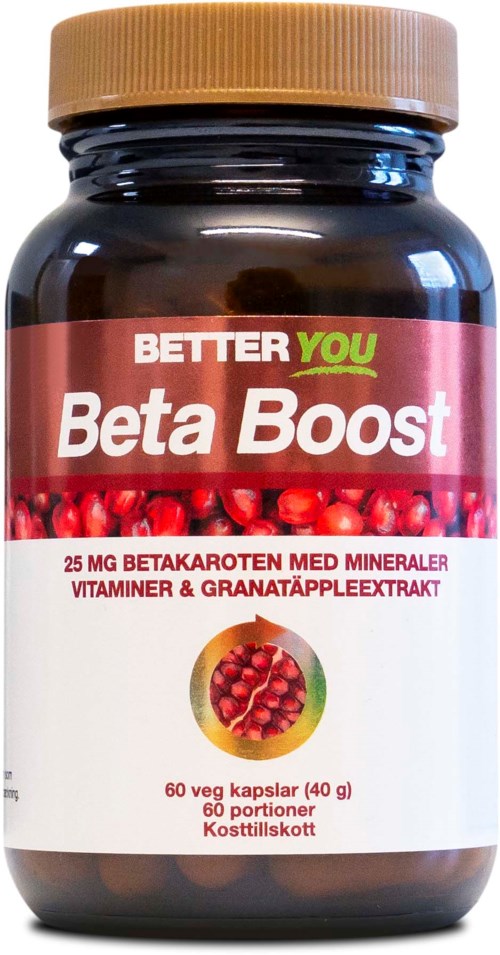 A bottle of Beta Boost supplements with red berries on the label. It contains minerals, vitamins, and pomegranate extract.