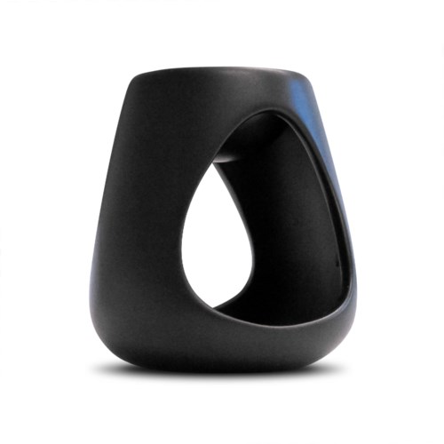 A modern black speaker with a hollow, rounded design and open center for sound projection.