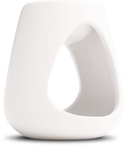 A white, modern sculpture with a large open hole in the middle, smooth surface and rounded edges.