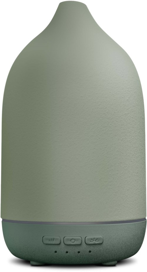 En grå, ovalformad humidifier med kontroller längst ner. Den har en slät yta och ett litet öppningshål upptill.