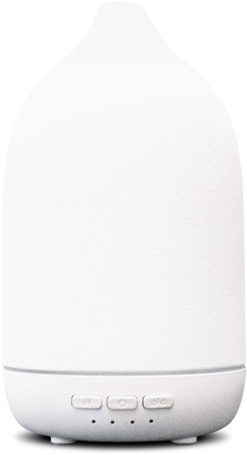 A white, rounded diffuser with control buttons and small indicator lights at the bottom.