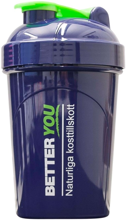 En mörkblå proteinshaker med grönt lock, med texten "BETTER YOU" och "Naturliga kosttillskott".
