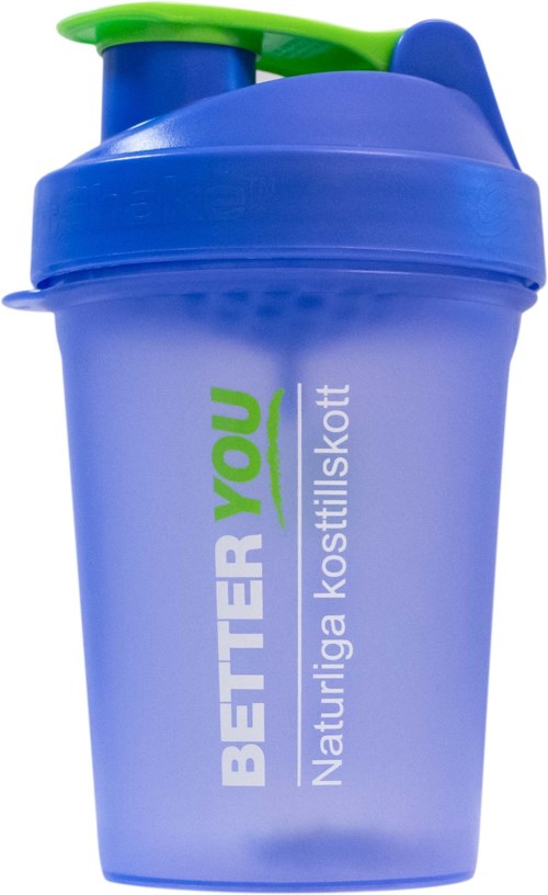 En blå och grön proteinshaker med text som främjar hälsa och näring.