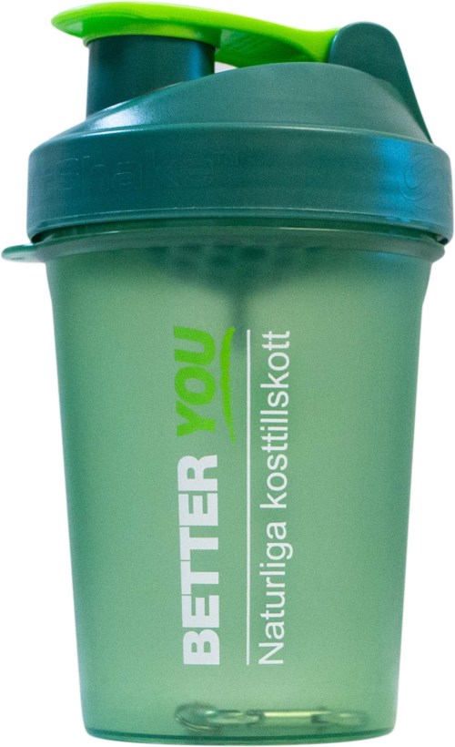 Grön shakeflaska med blå botten och grön lockklämma, märkt "BETTER YOU" och "Naturliga kosttillskott."