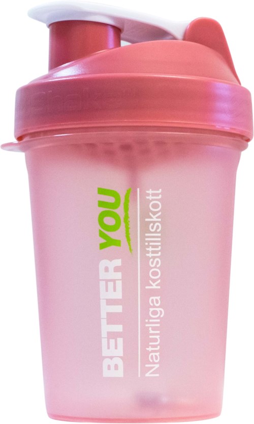 Pink protein shakerflaska med en grön och vit logga och ett flip-lock.