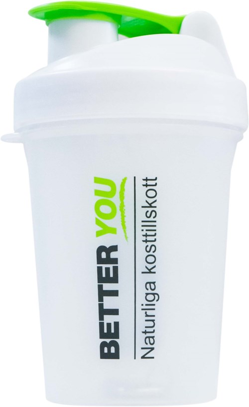 En vit vattenflaska med grön lock, med texten "BETTER YOU" och "Naturliga kosttillskott".