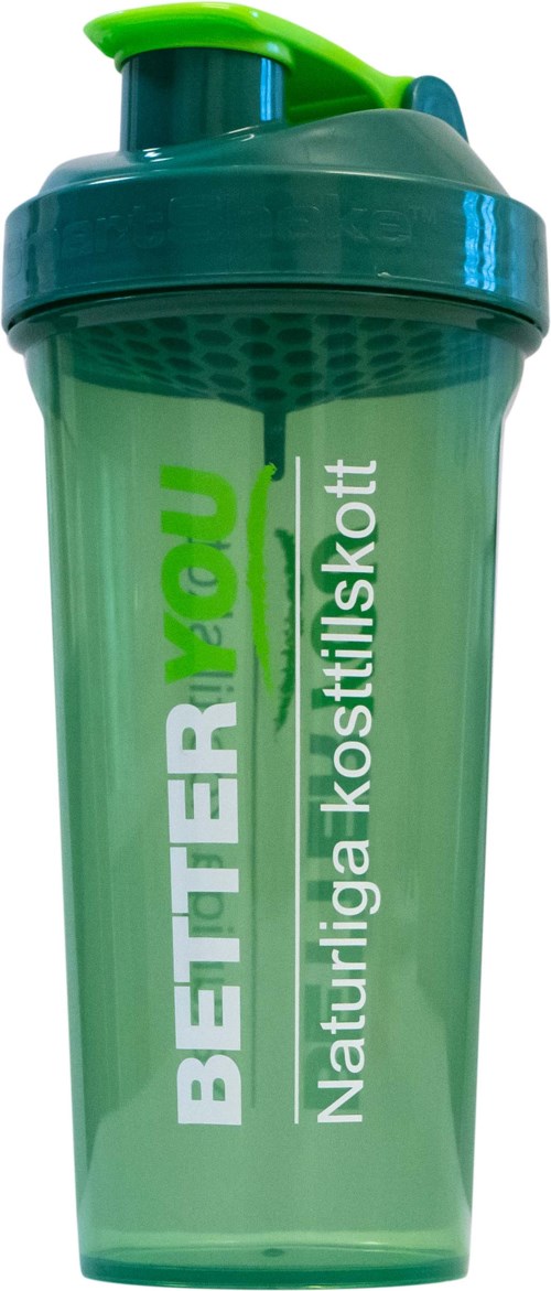 Grön plastskakare med grönt lock, märkt med ett motiverande meddelande och en webbadress.