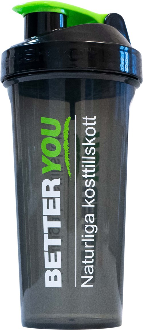 Svart och grön shakerflaska med texten "BETTER YOU" och "Naturliga kosttillskott".