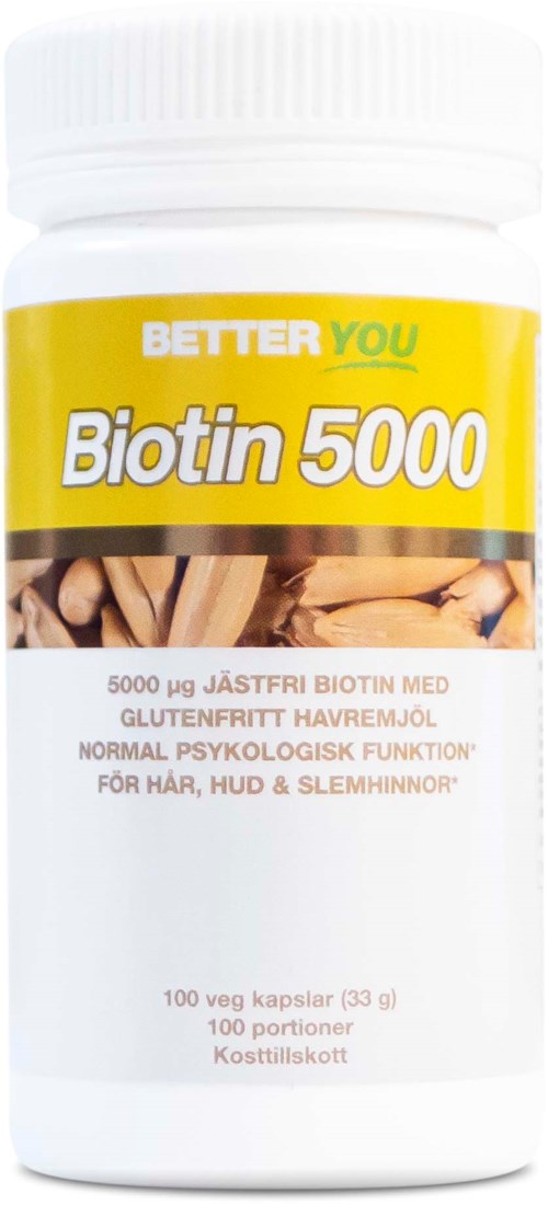En kosttillskottsflaska märkt 'Biotin 5000' för hår, hud och naglar, innehållande 100 kapslar.