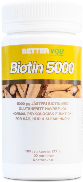 En kosttillskottsflaska märkt 'Biotin 5000' med 100 kapslar, avsedd för hud- och hårhälsa.