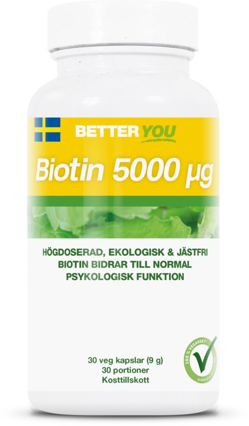 En hvit flaske merket 'Biotin 5000 μg' med grønt og gult tekst, og et hakepunch-symbol nederst.