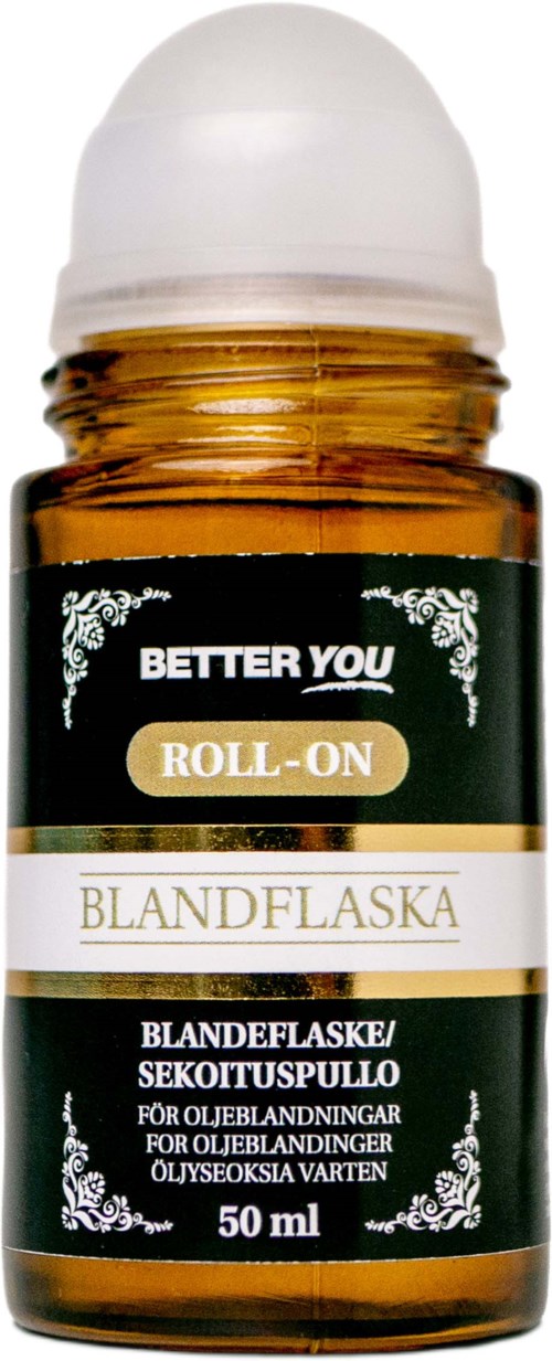 Kleine bernsteinfarbene Flasche mit weißem Rollball, gekennzeichnet zur Schmerzlinderung, 50 ml.